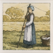 <b>Laundress With Pole</b><br/>2015<br/>Watercolour, pen & pencil on paper<br/>5.5 x 5.5 inches